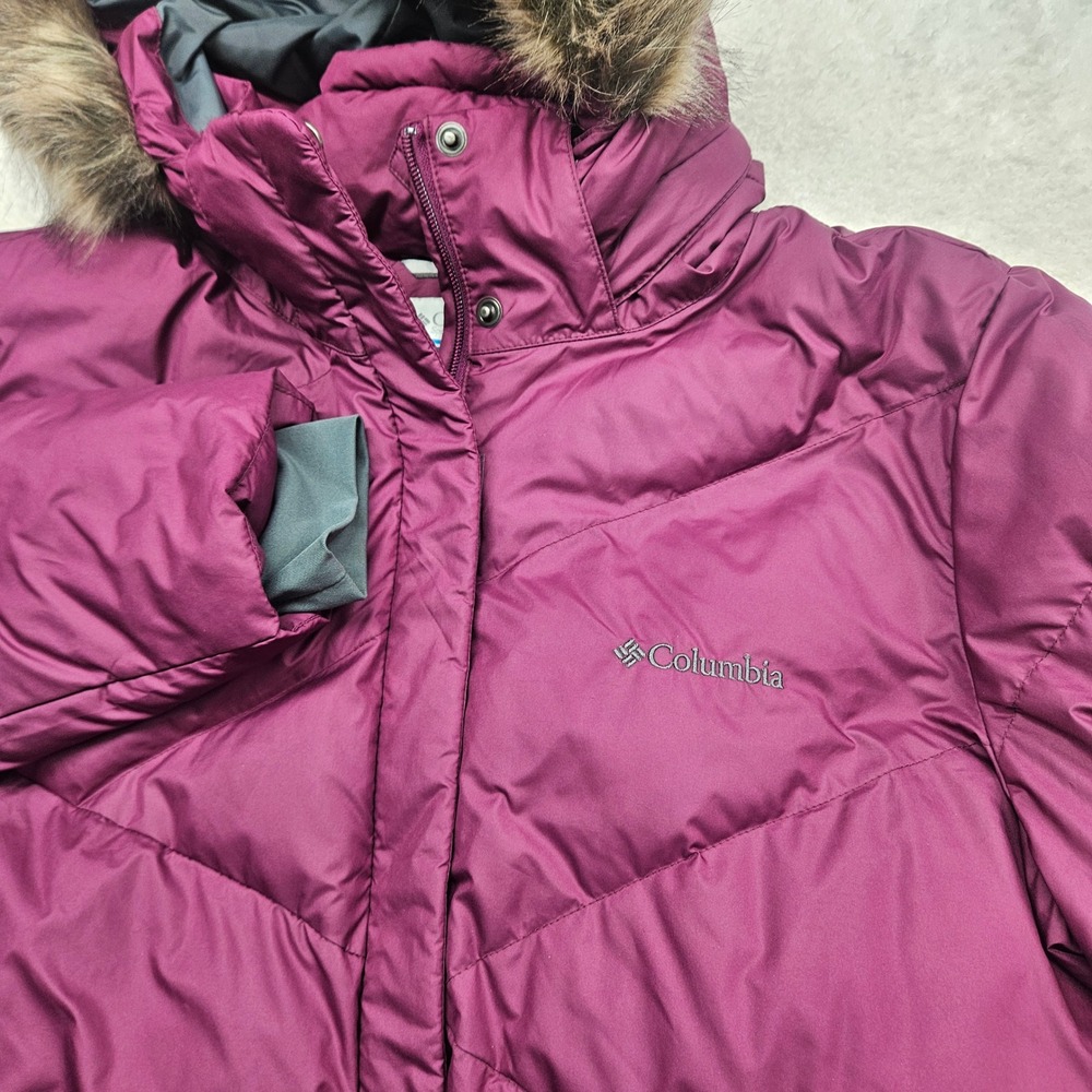 Columbia Womens Hooded Puffer Winter Jacket Purple Faux Fur Trim XL Snow
